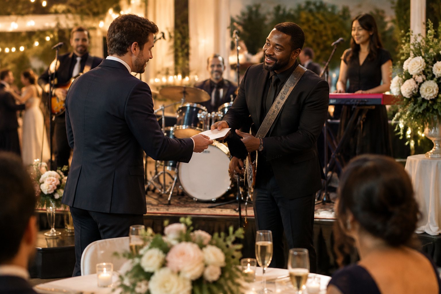 A wedding guest discreetly gives an envelope to the leader of a live wedding band at a reception.