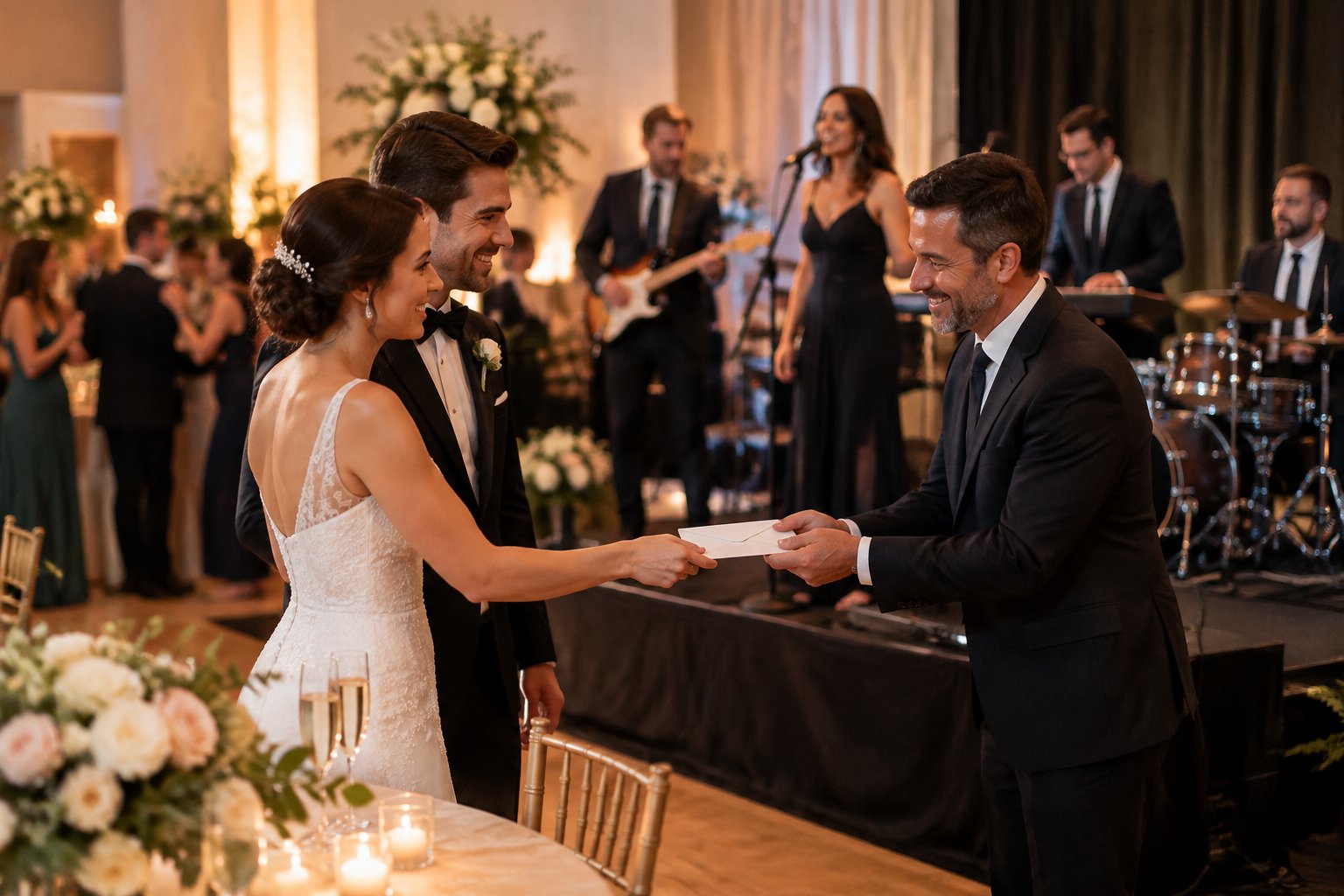A wedding guest gives a tip envelope to a live bandleader at a warmly lit reception.
