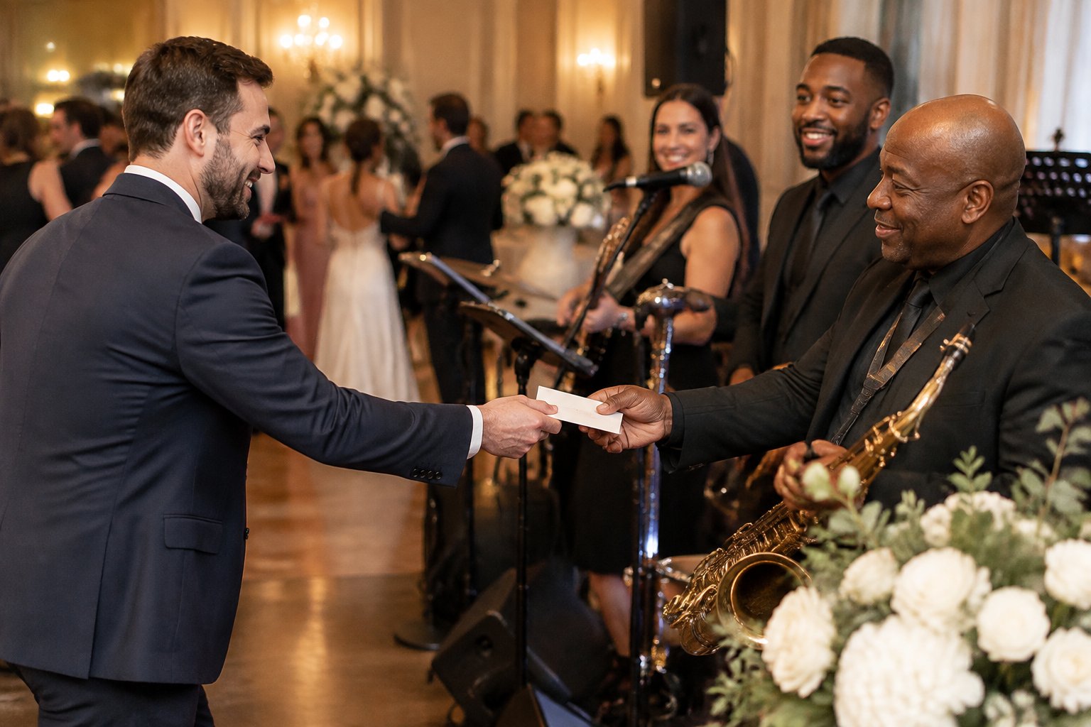 A wedding guest discreetly hands an envelope to a band member during a lively reception.