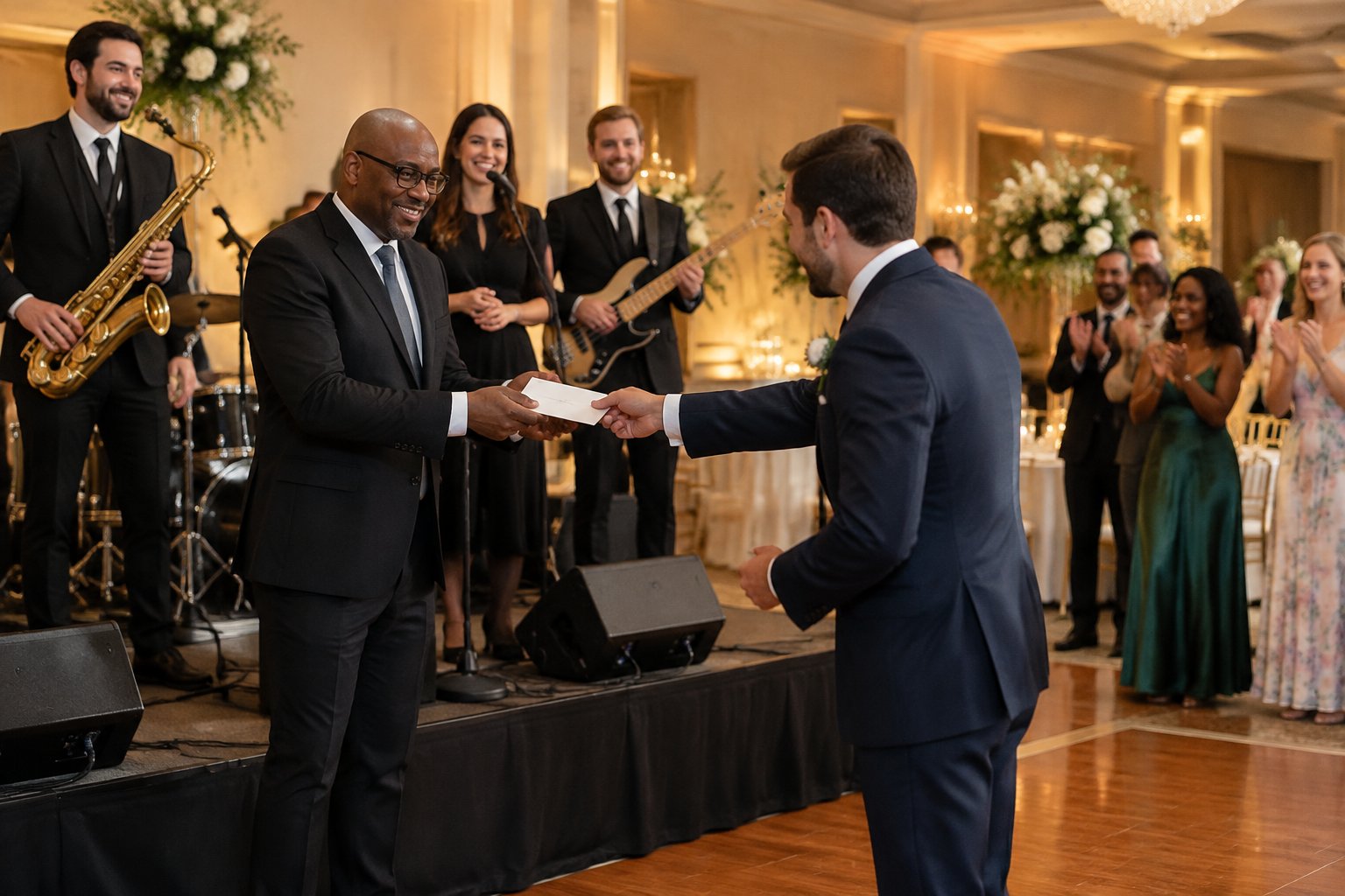 A wedding guest presents a tip to a smiling bandleader at a lively reception.