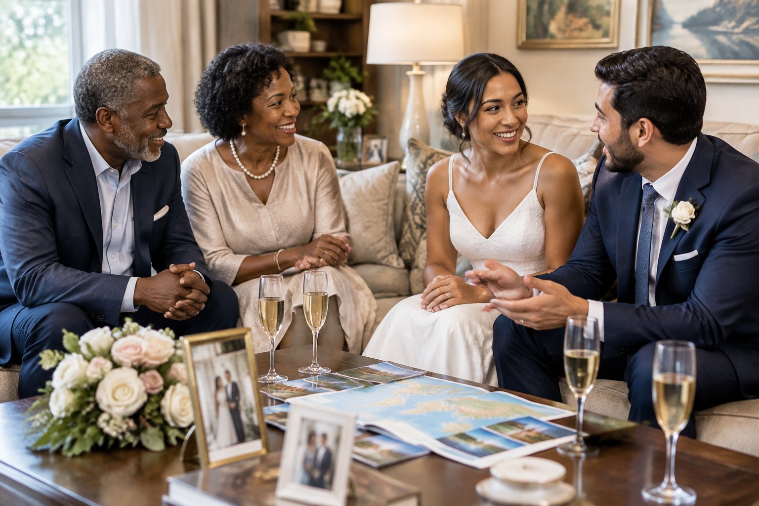 A newlywed couple discusses honeymoon plans with the groom’s parents in a warmly decorated living room.