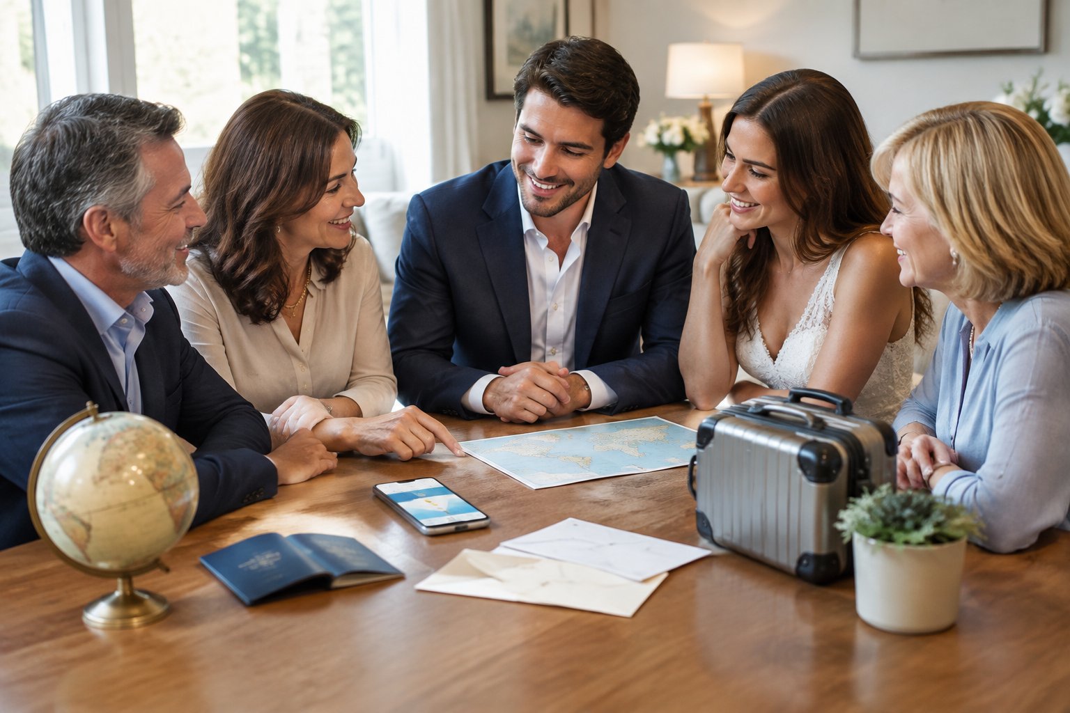 A couple discusses honeymoon plans with their parents around a table with travel items and budgeting papers.