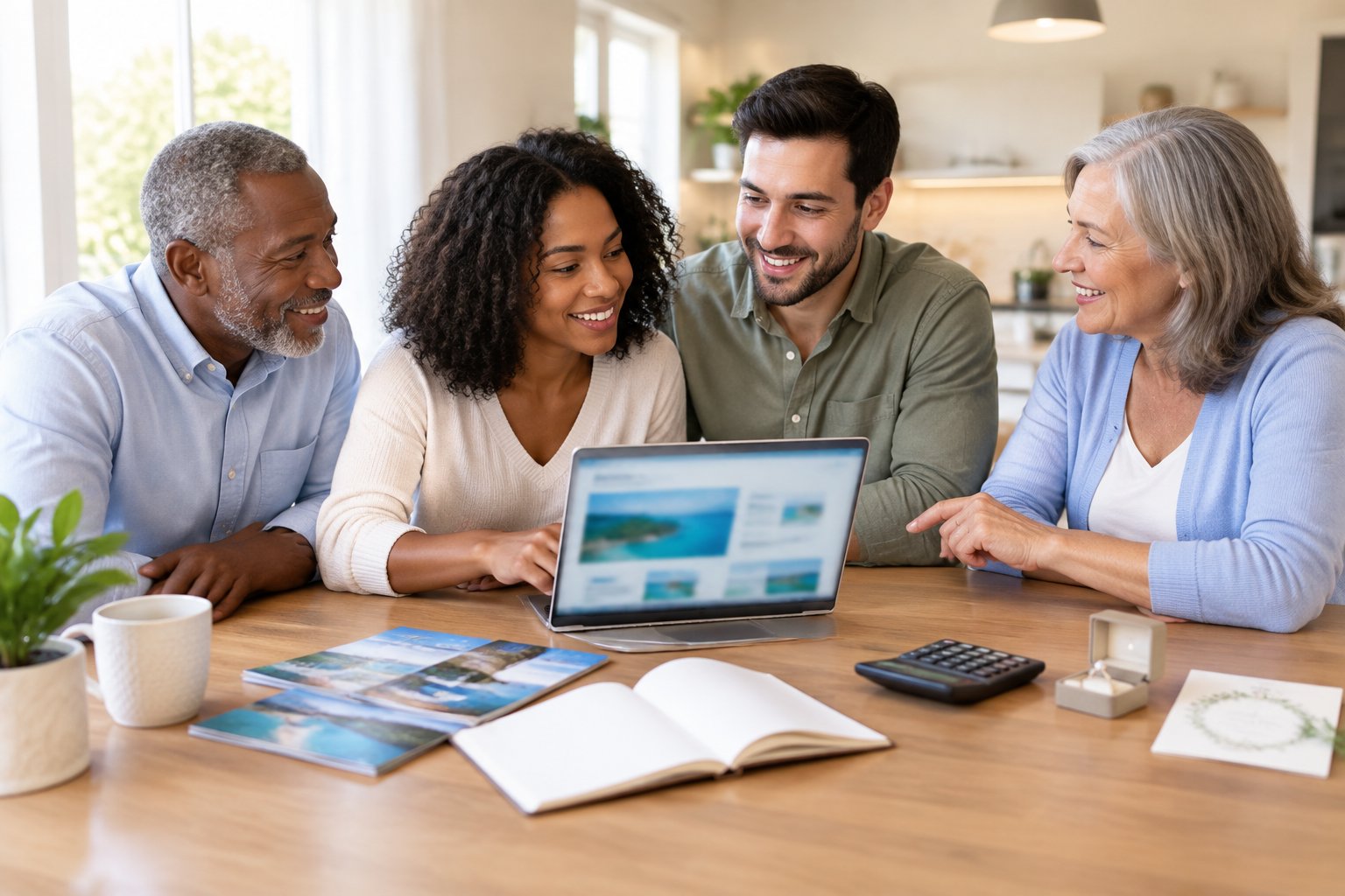 A couple discusses honeymoon finances with older family members at a dining table.