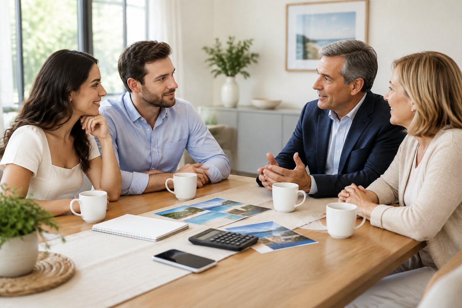 A newlywed couple discusses honeymoon finances with the groom's parents around a dining table.