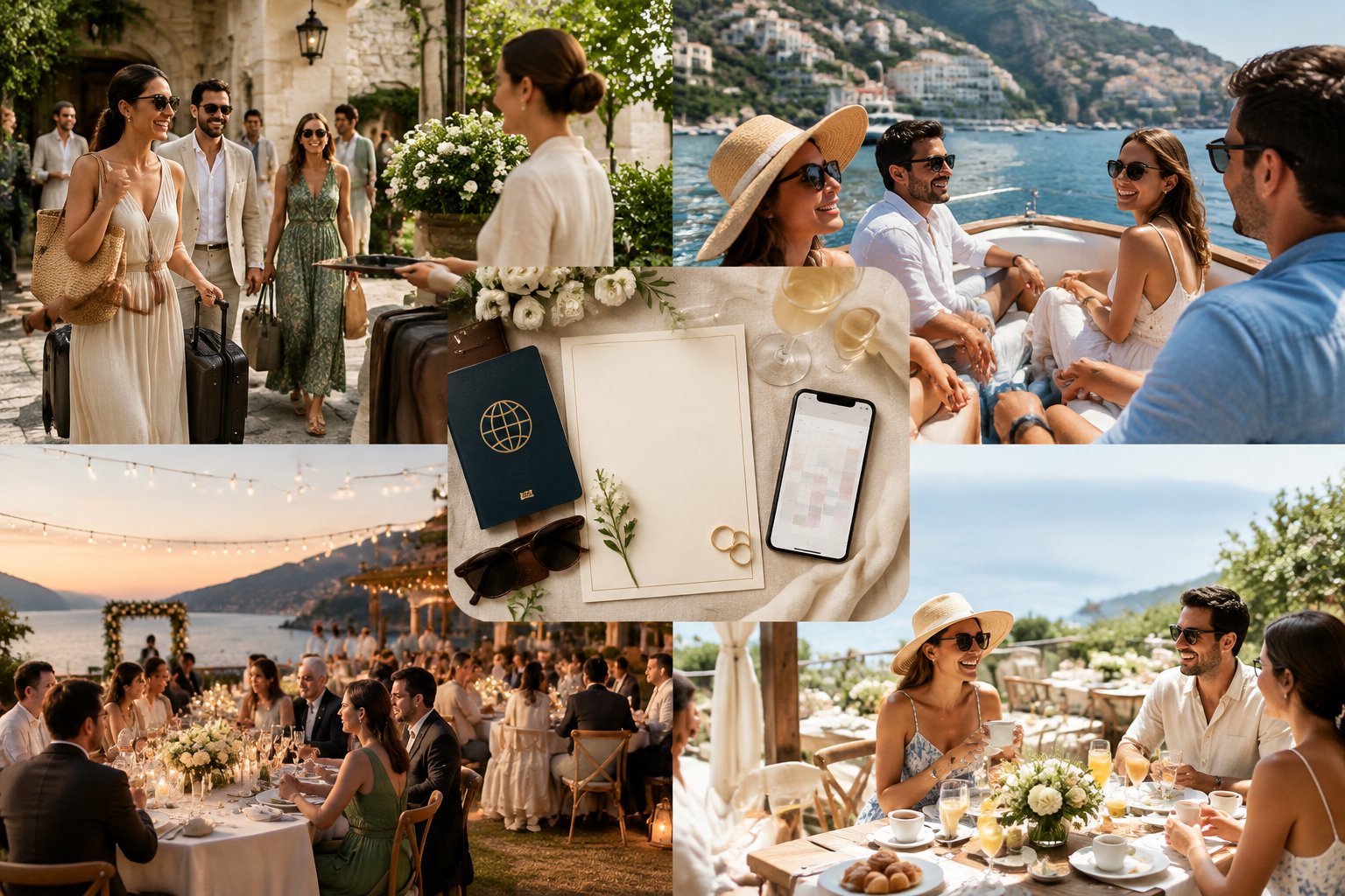 Guests celebrate a multi-day destination wedding at a sunny coastal resort.