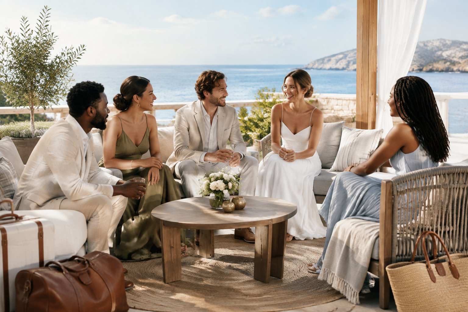 Wedding guests relax together at a destination resort during a calm pre-wedding weekend.