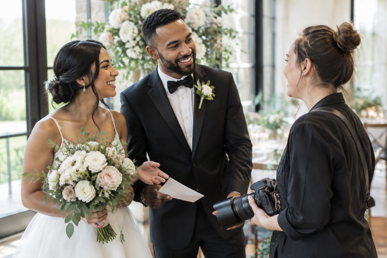 Newlyweds warmly thank their wedding photographer at an elegant reception venue.