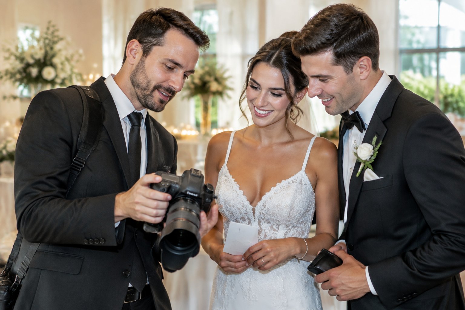 A newlywed couple discusses wedding photos with their photographer while considering a tip.