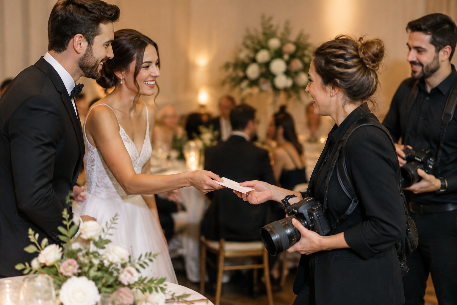 Newlywed couple giving an envelope to their wedding photographer at a reception.