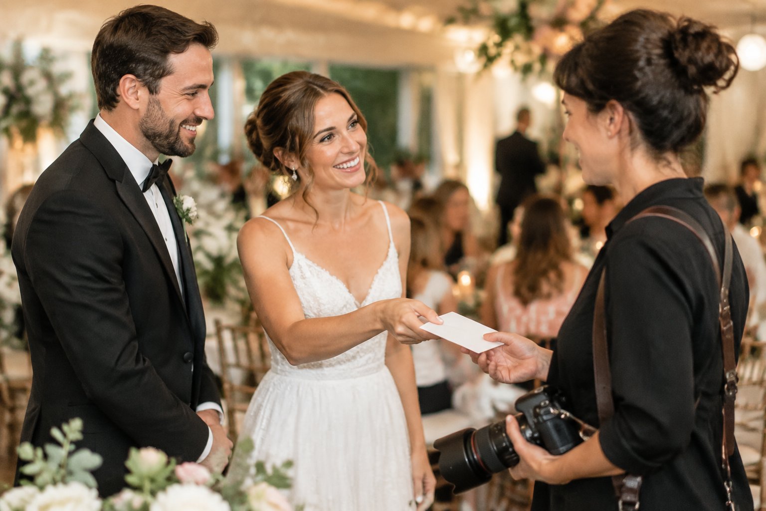 A newlywed couple thanks their wedding photographer and hands over an envelope at the reception.