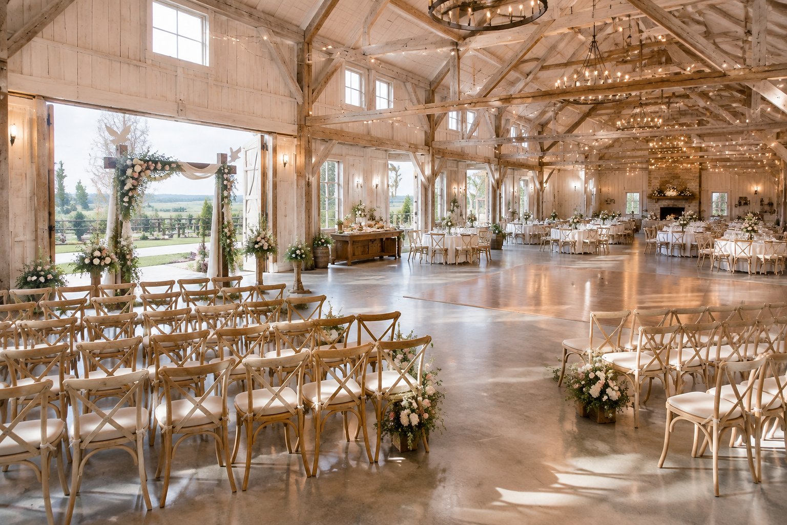 A spacious rustic barn wedding venue arranged with ceremony chairs, floral decorations, reception tables, and warm string lights.