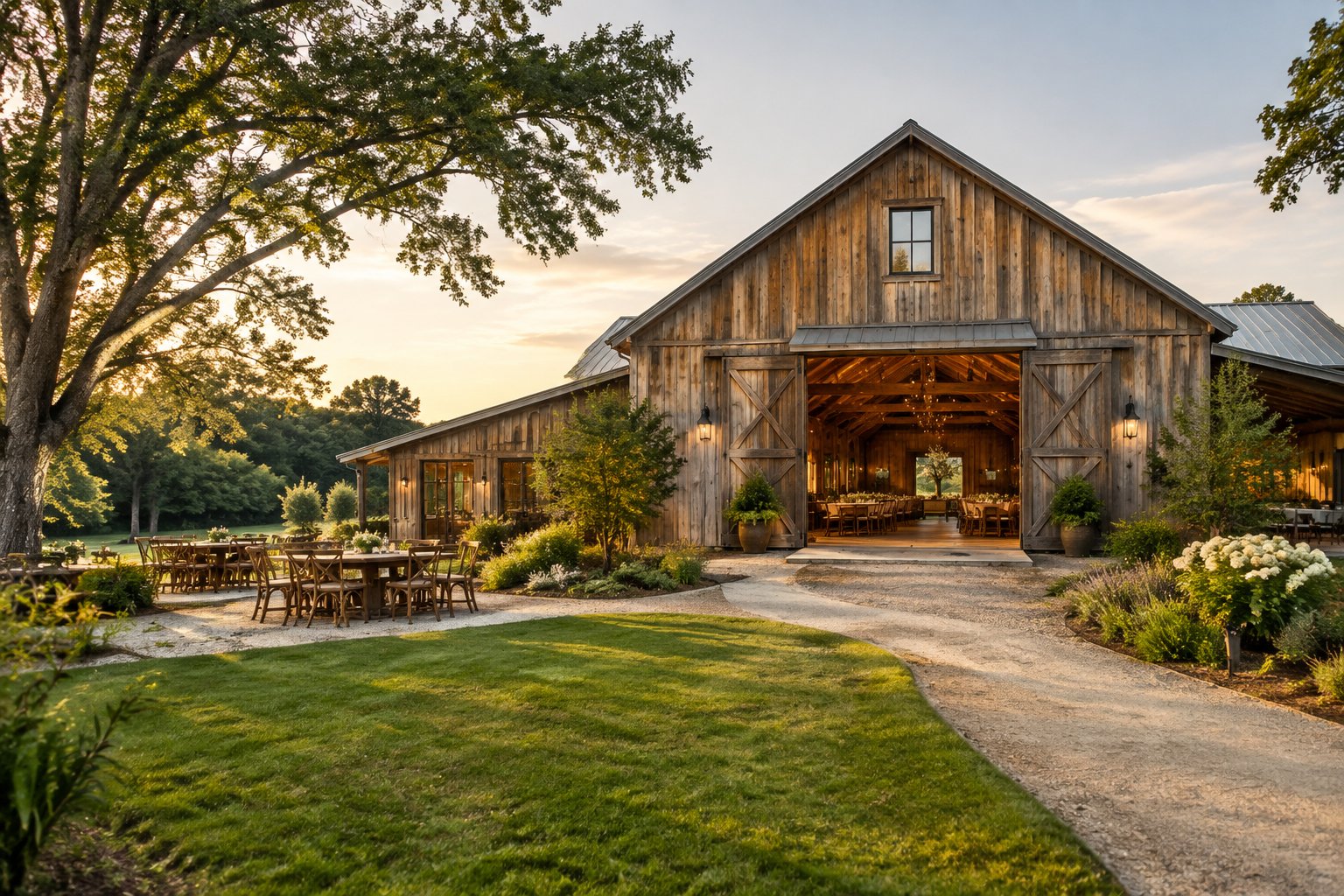 A rustic barn wedding venue surrounded by landscaped gardens, lawns, trees, and an outdoor seating area.