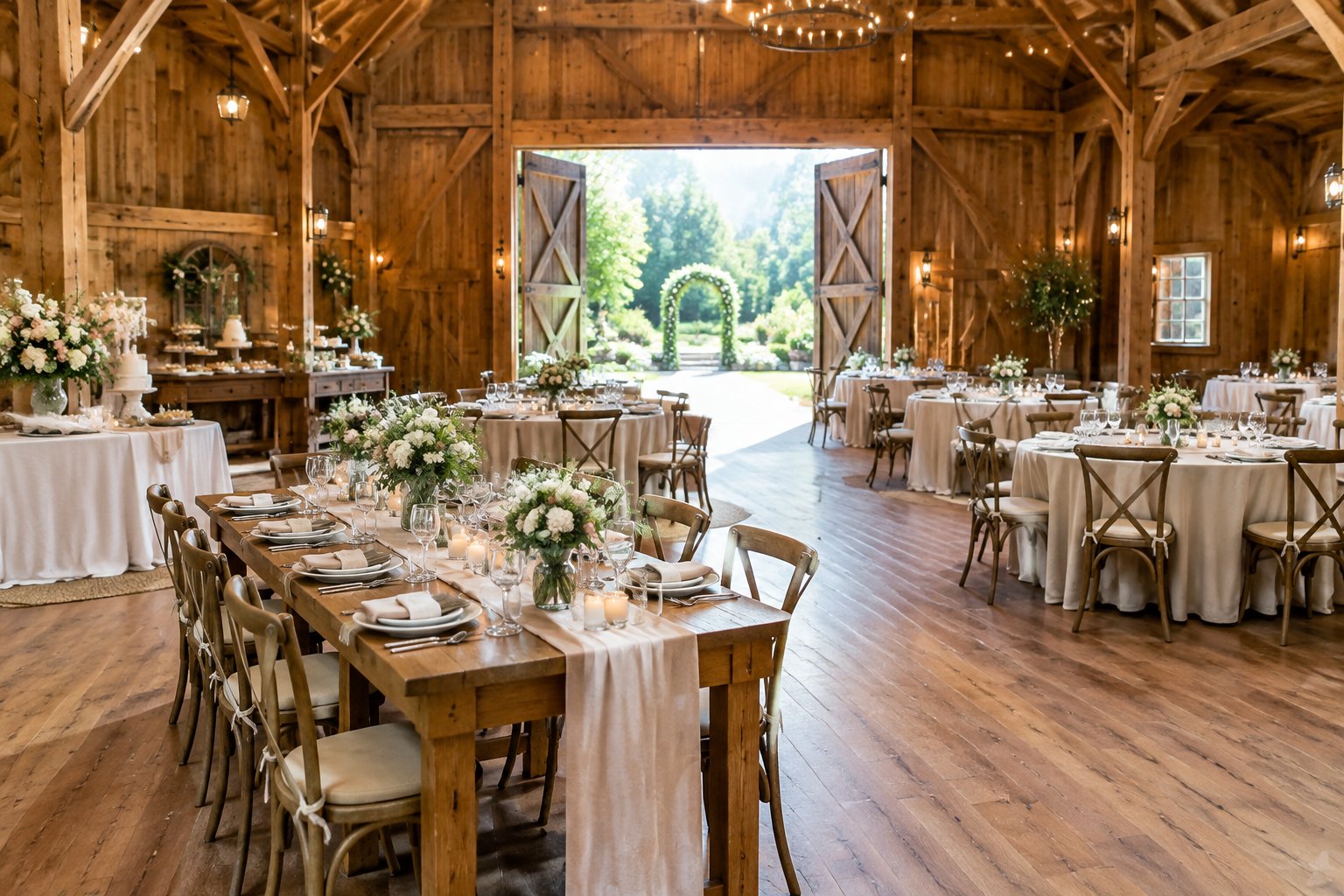 A beautifully prepared wedding reception inside a rustic timber barn with tables, floral arrangements, and an outdoor garden beyond open doors.