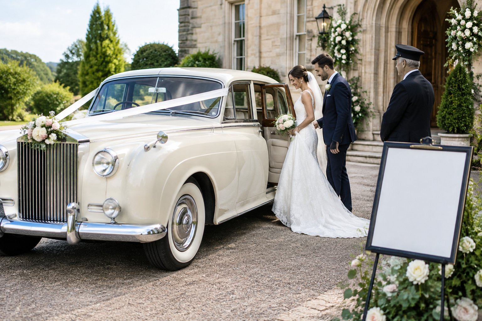 A newlywed couple prepares to enter an elegant classic wedding car outside a wedding venue.
