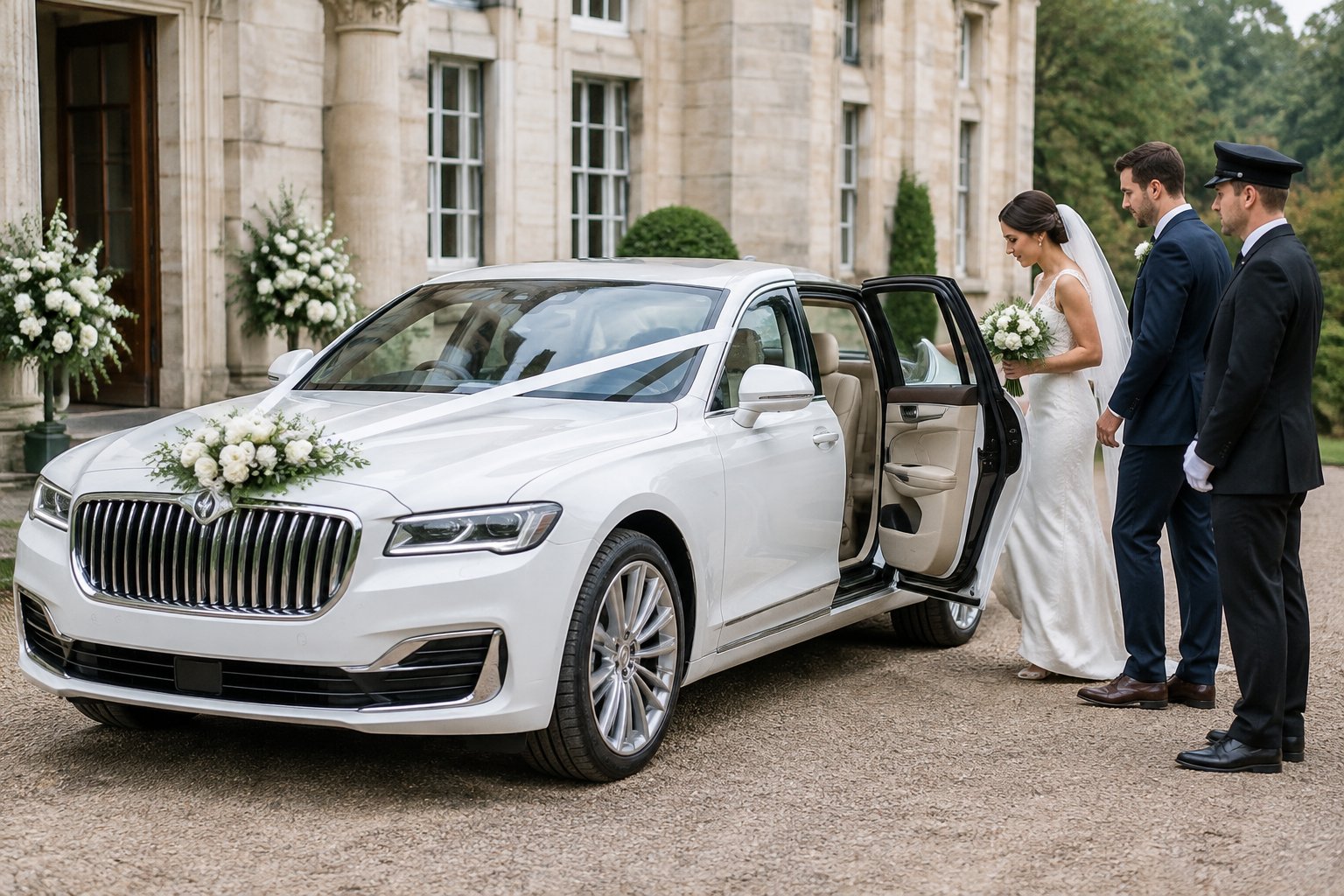 A chauffeur stands beside an elegant wedding car as a newlywed couple prepares to enter outside a wedding venue.