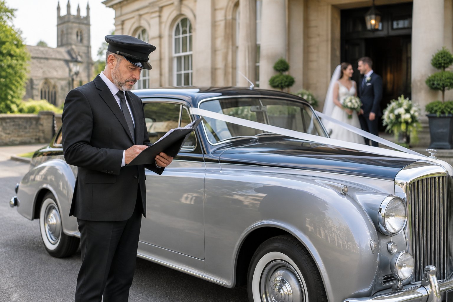 A chauffeur stands beside a polished classic wedding car outside a civic building while a newlywed couple approaches.