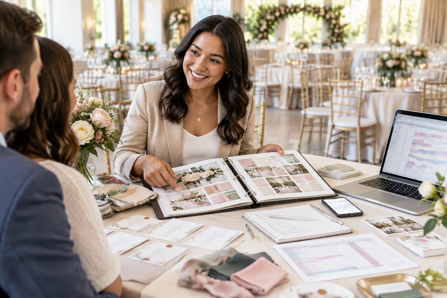 A wedding planner reviews event materials and a schedule at a reception venue.