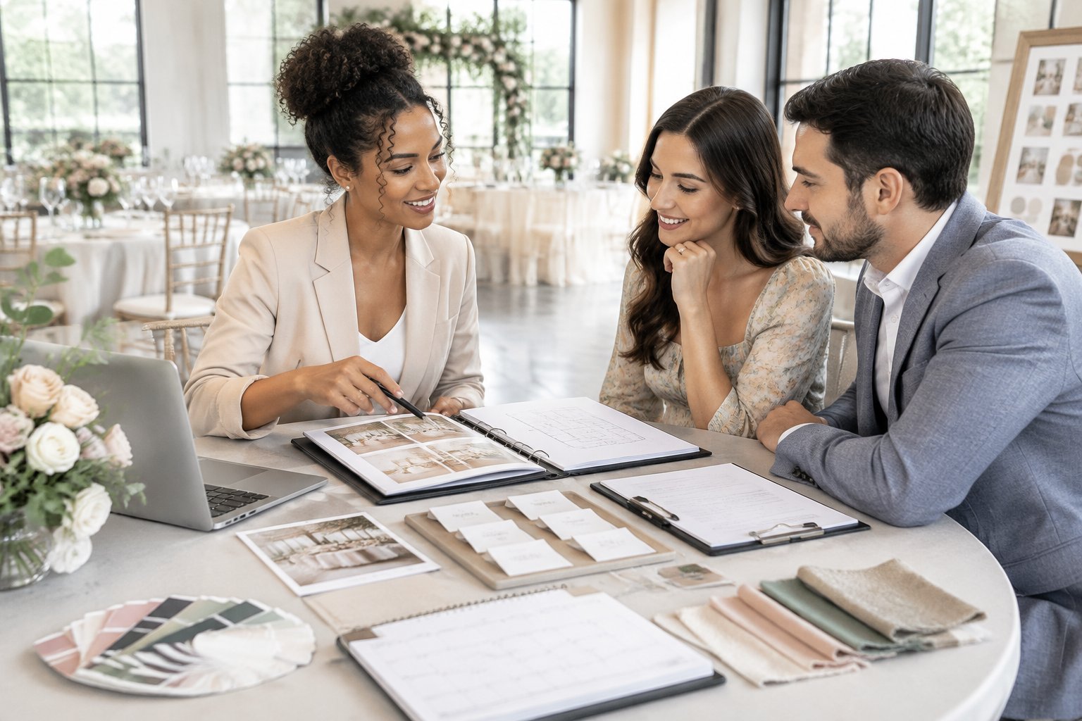 A wedding planner reviews event details and sample materials with a couple at a table in an elegant venue.