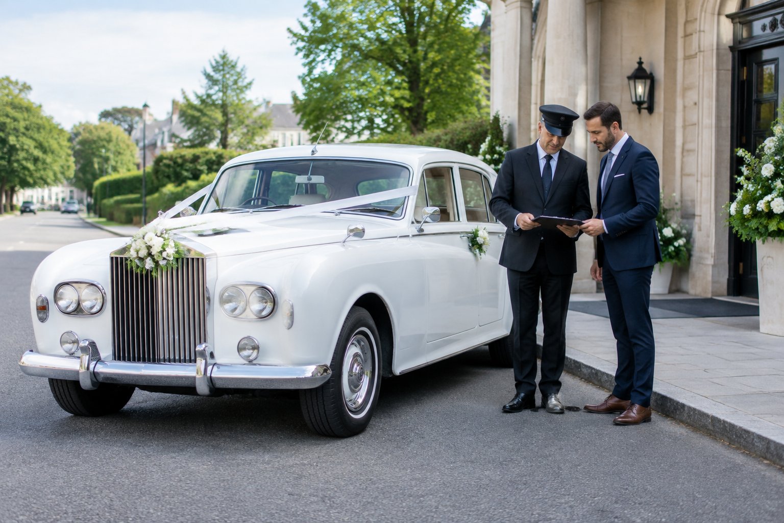 A chauffeur reviews vehicle documents beside a well-maintained classic wedding car outside a wedding venue.