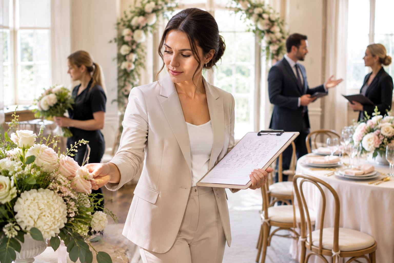 A wedding planner coordinates venue setup while checking details with event staff.