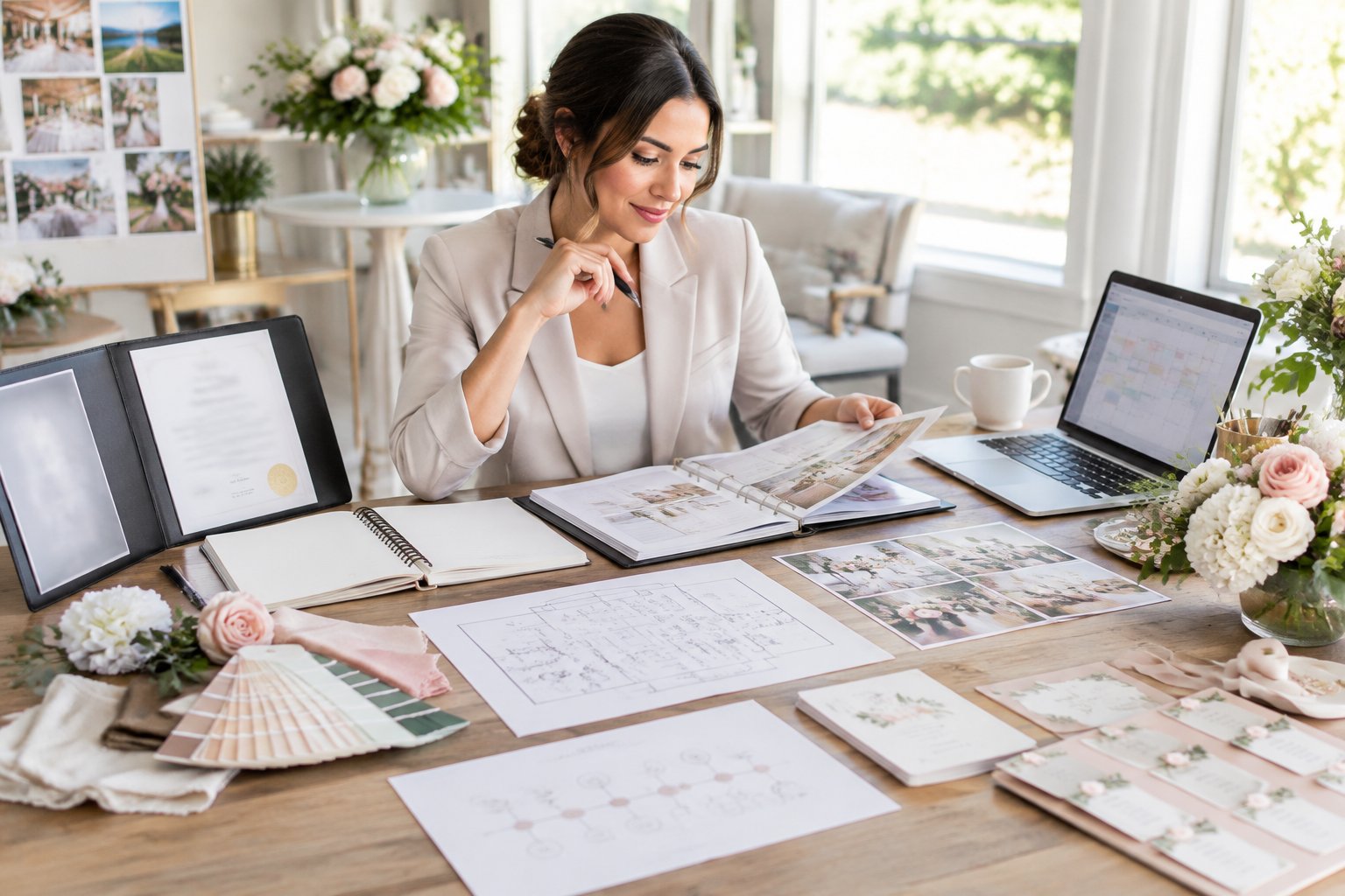 An aspiring wedding planner reviews training materials and event-planning documents at a bright wedding venue.