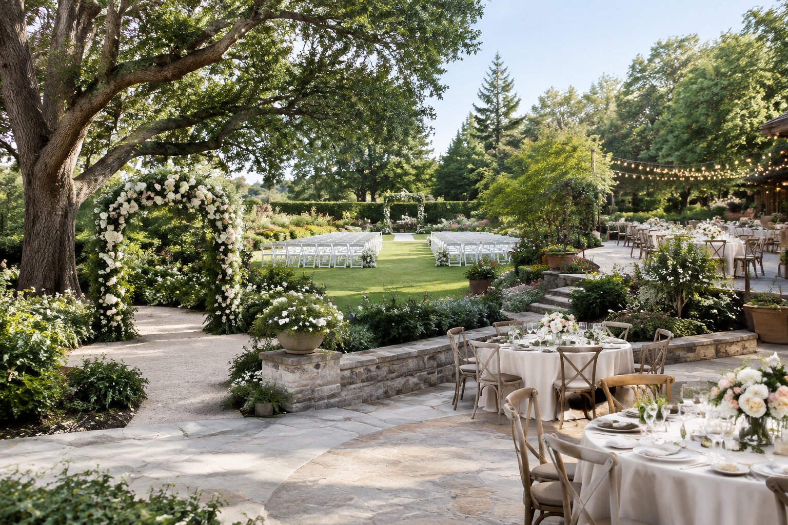 A landscaped garden wedding venue with several decorated ceremony and reception areas.