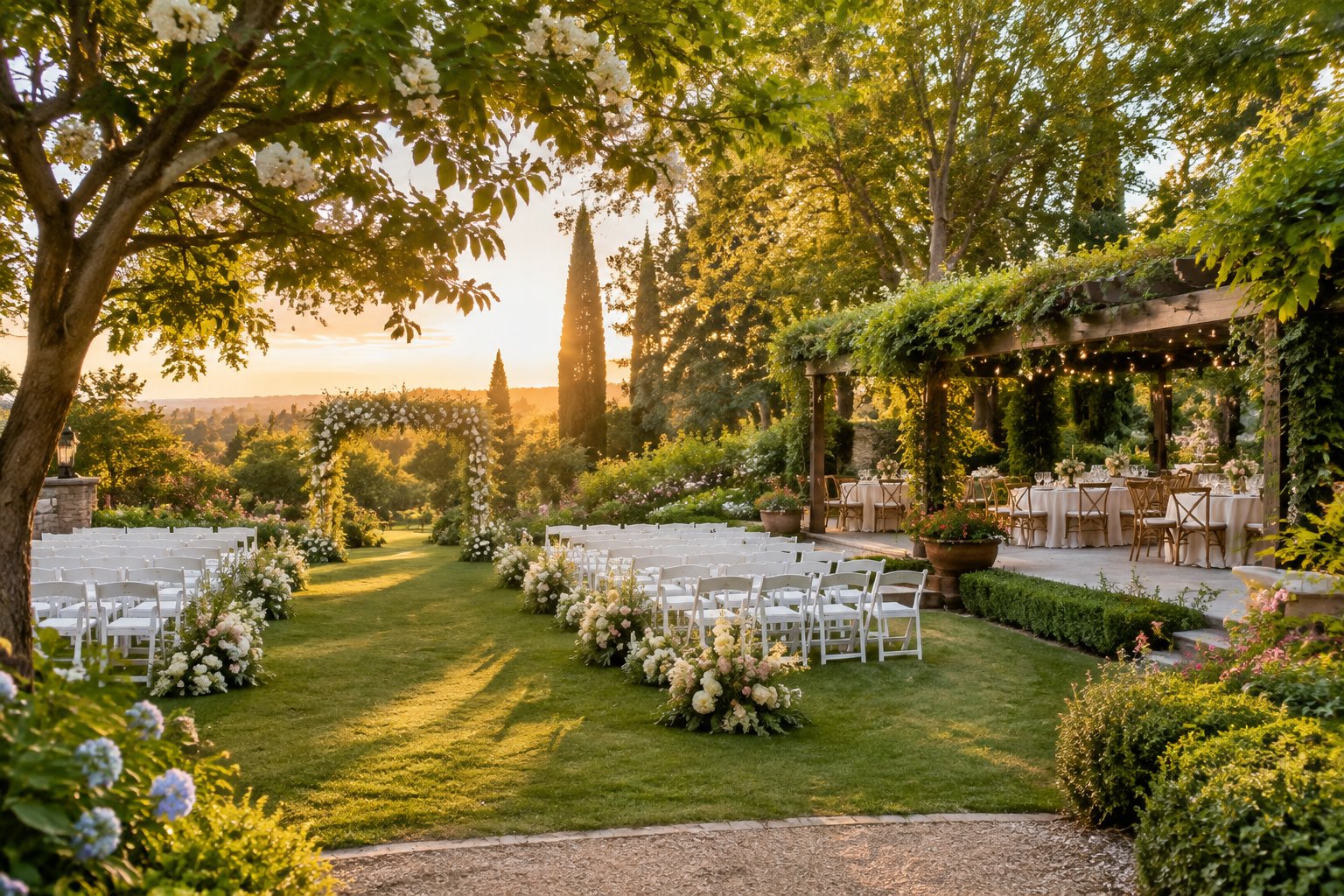 An elegant wedding ceremony and reception area surrounded by lush gardens, flowering trees, and soft afternoon sunlight.