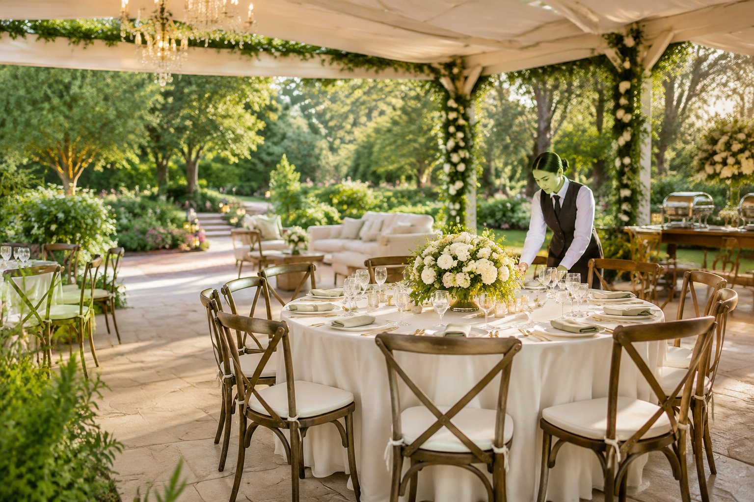 A garden wedding reception with elegant tables, floral arrangements, and a staff member preparing the venue.
