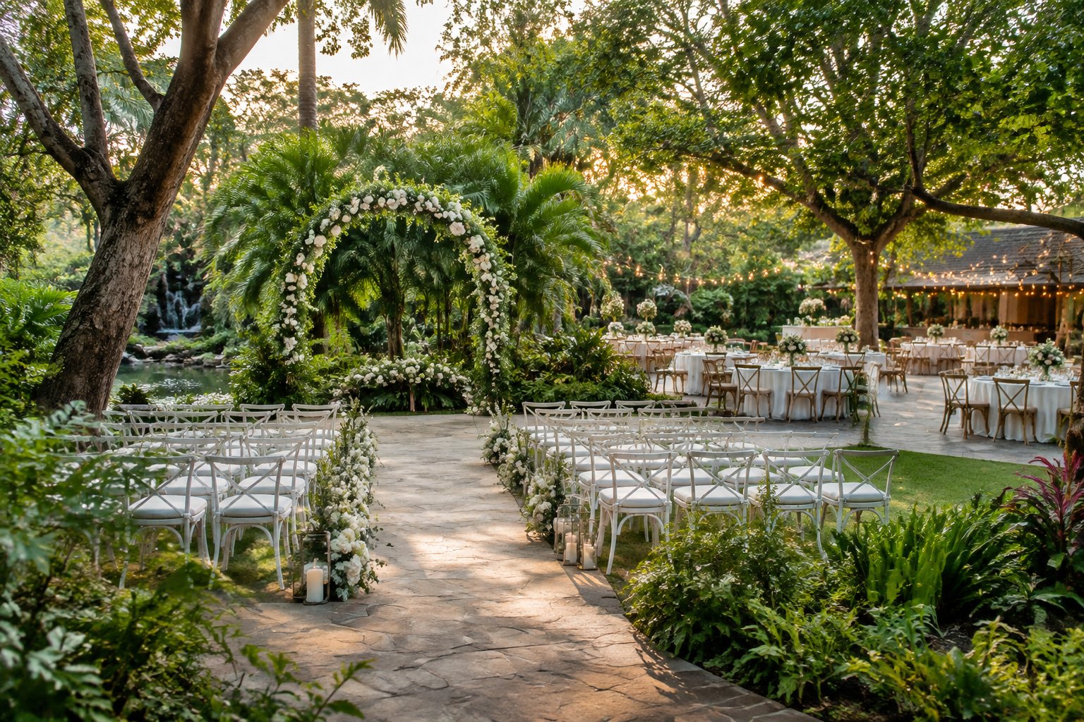 An elegant outdoor wedding ceremony arranged in a lush botanical garden.