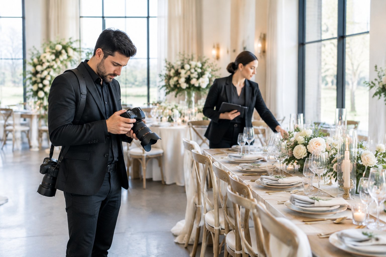 A wedding photographer reviews camera equipment while a reception table is prepared nearby.