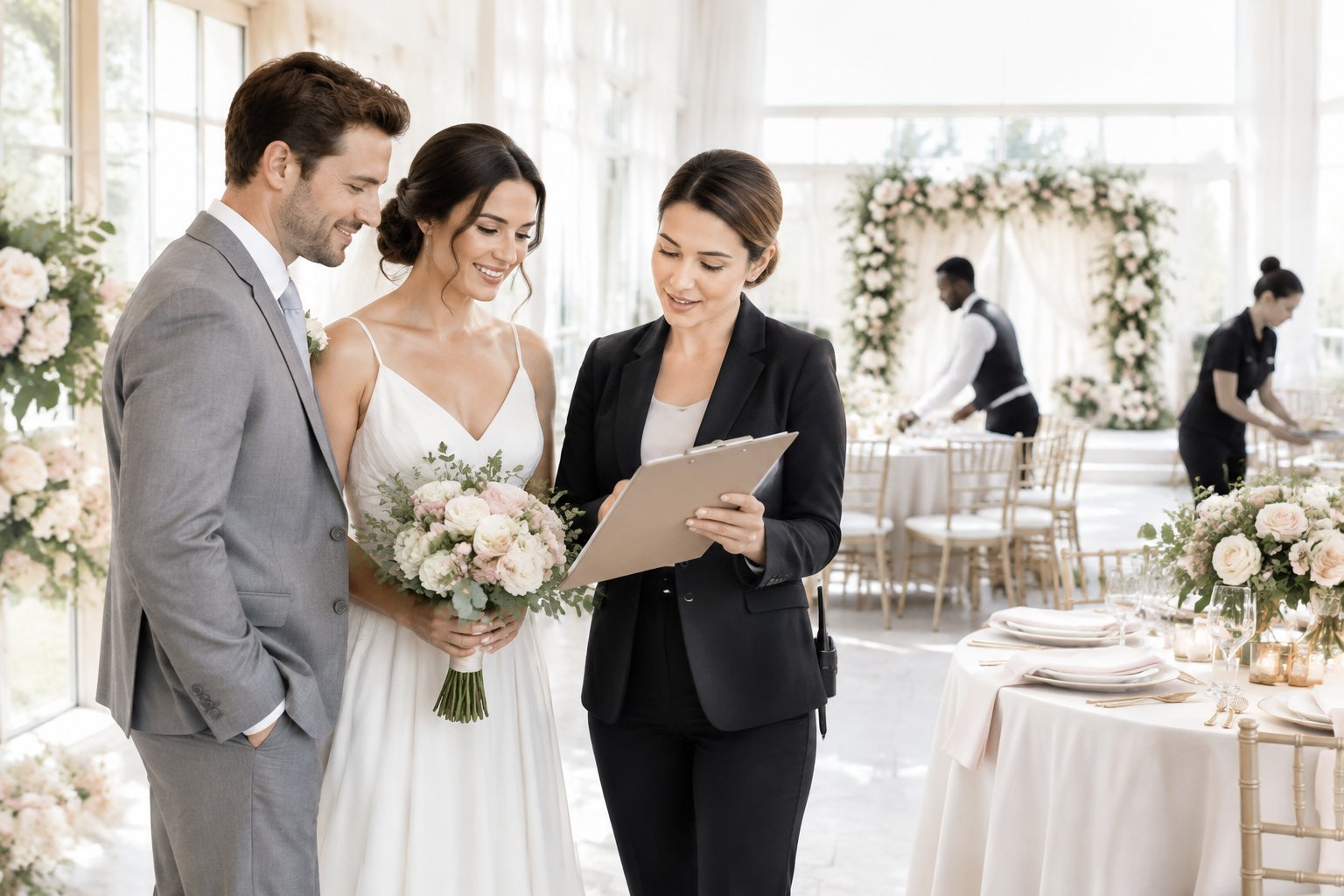 A wedding coordinator helps a relaxed couple organize preparations in an elegant reception venue.