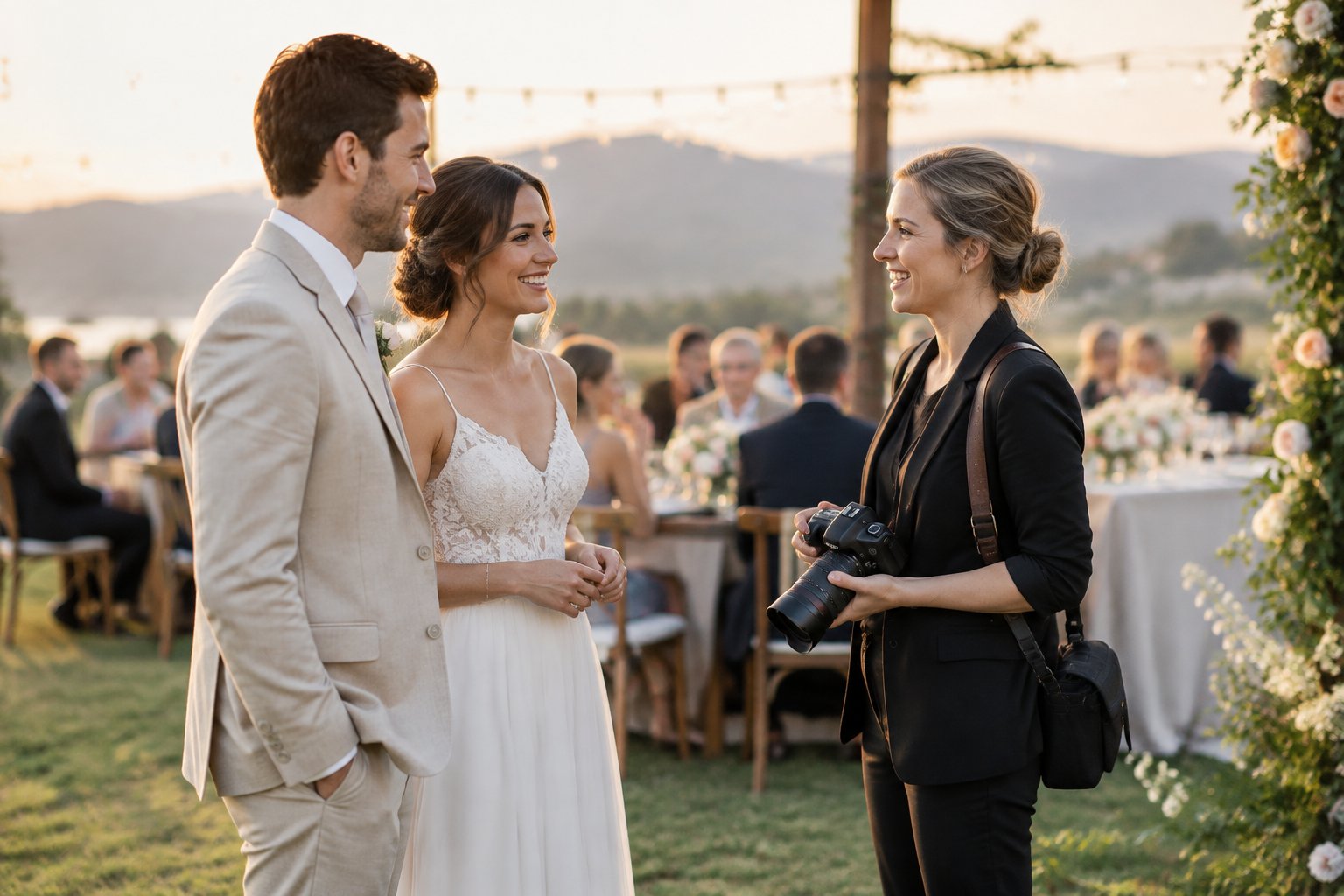 A newlywed couple talks warmly with their photographer at an outdoor wedding reception.