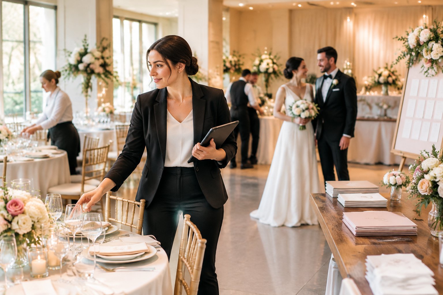 A wedding coordinator calmly manages reception details while the happy couple and vendors prepare nearby.