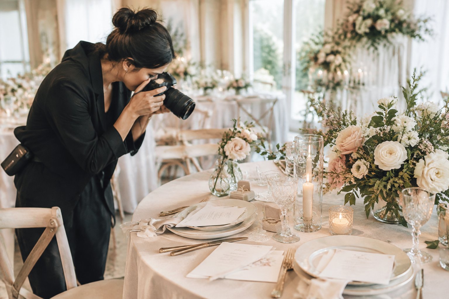 A wedding photographer captures detailed decorations and stationery at an elegantly set reception table.