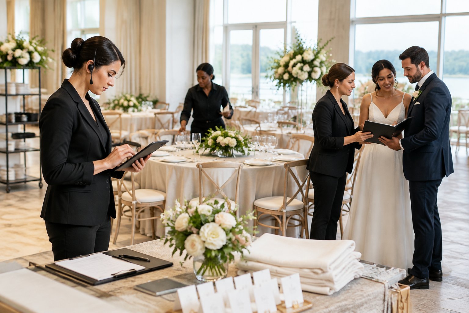 Wedding professionals coordinate with a couple during setup at an elegant reception venue.
