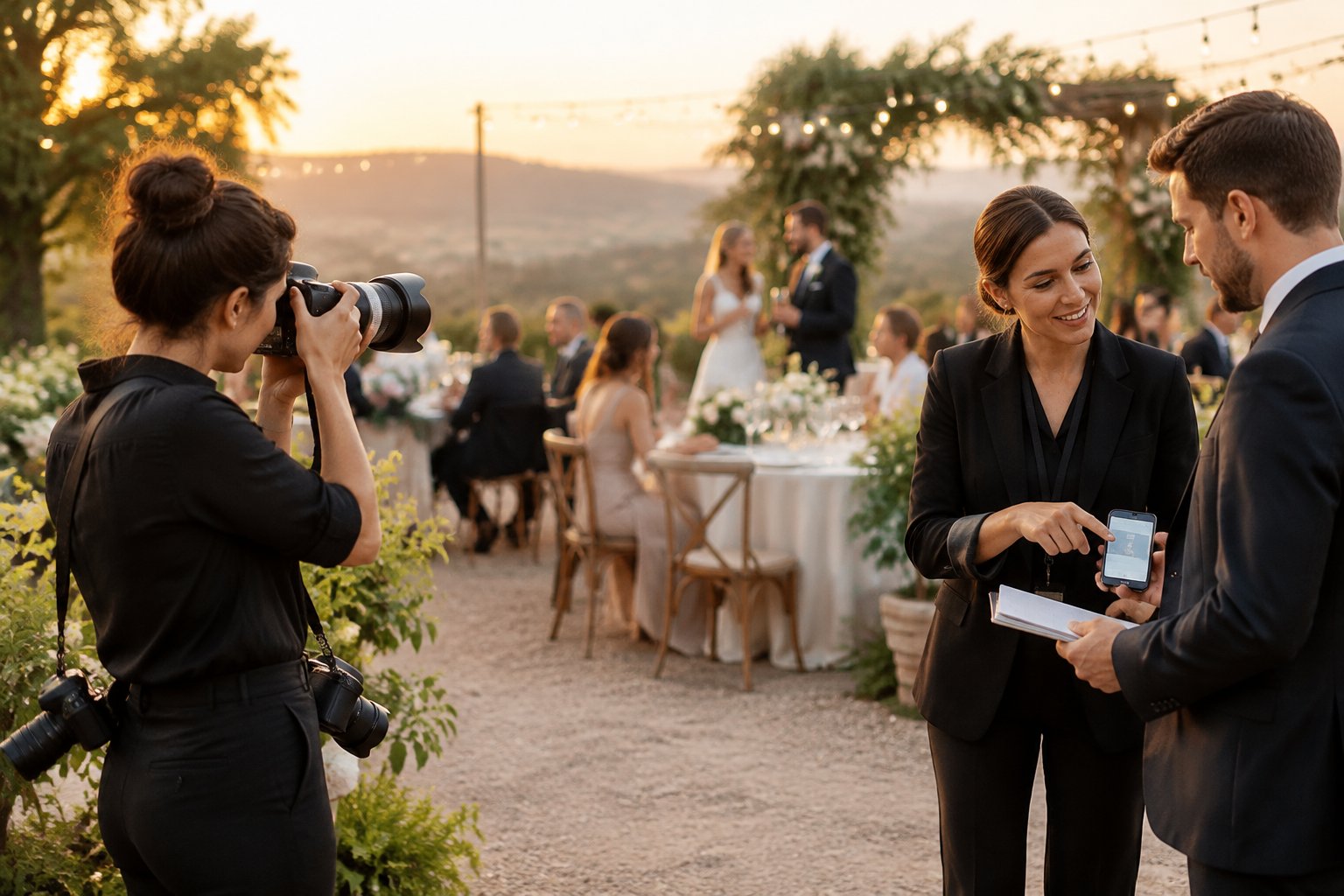 A wedding photographer receives information from a coordinator while photographing a reception from the edge of the celebration.