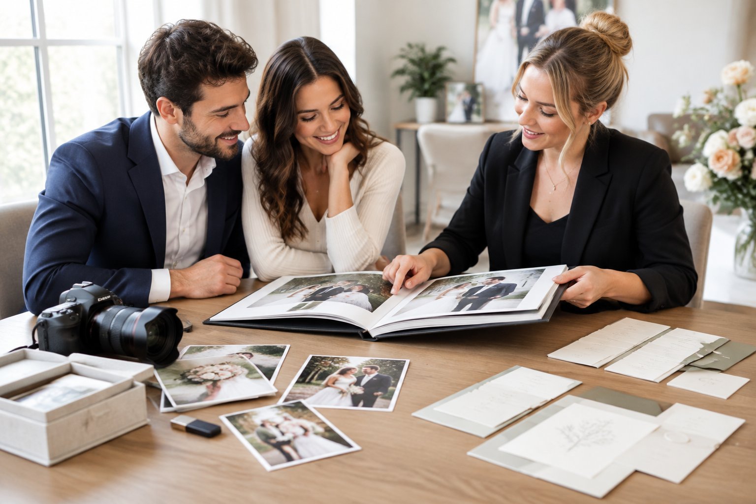 An engaged couple reviews wedding photography materials with a professional photographer.