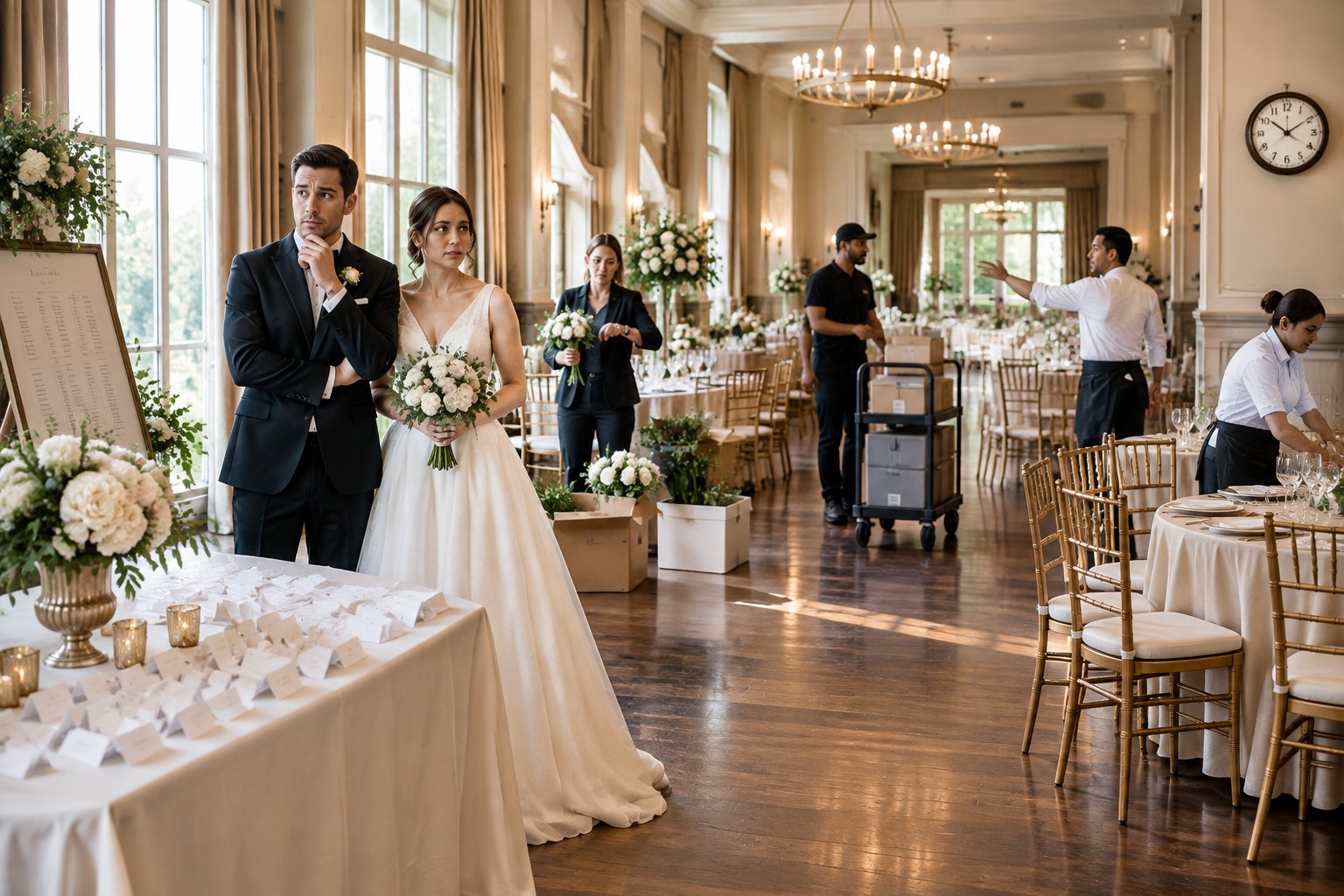 A couple at a wedding venue looks overwhelmed while vendors and unfinished setup details wait around them.
