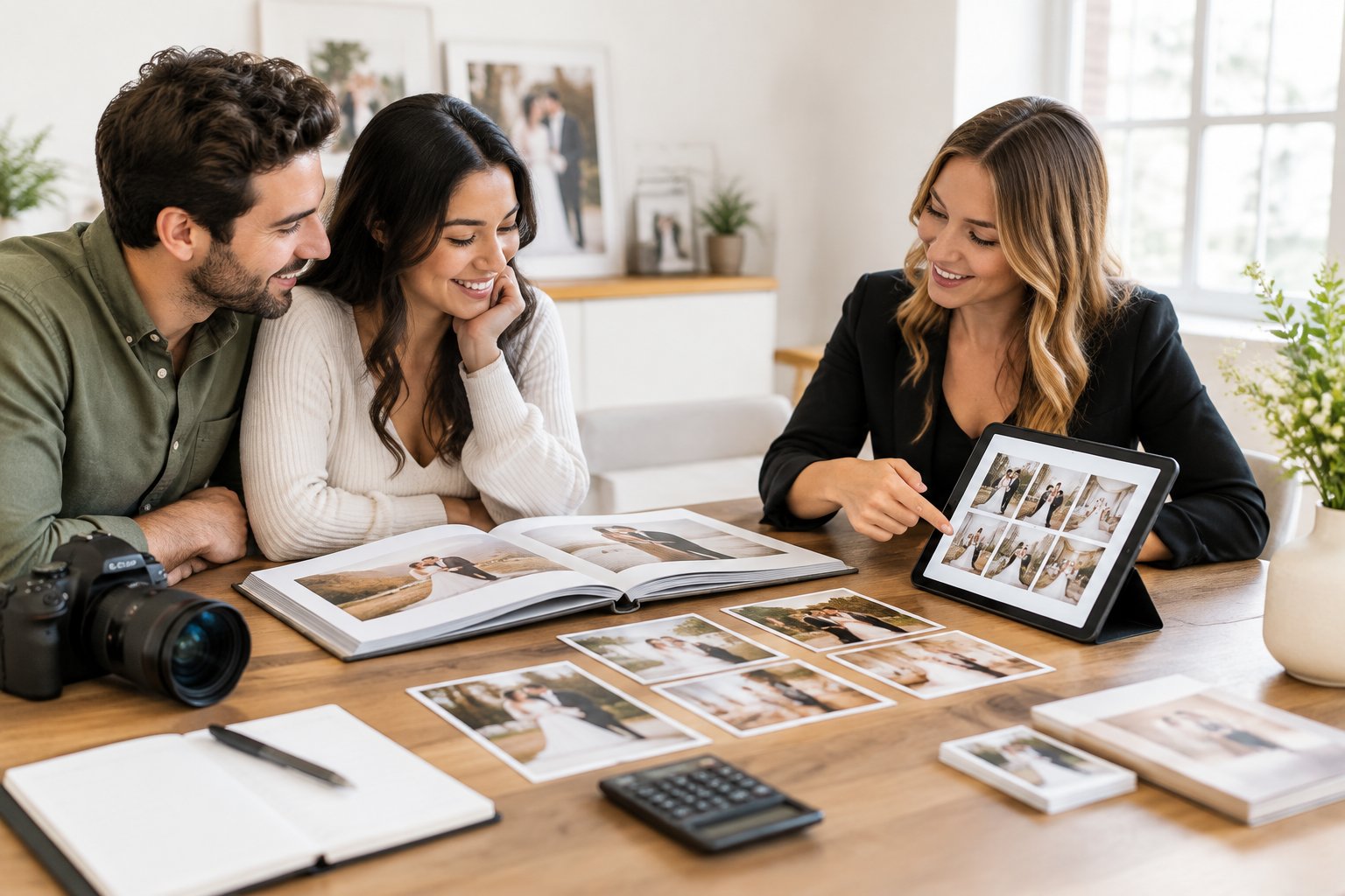 An engaged couple reviews wedding photography options with a photographer in a bright studio.