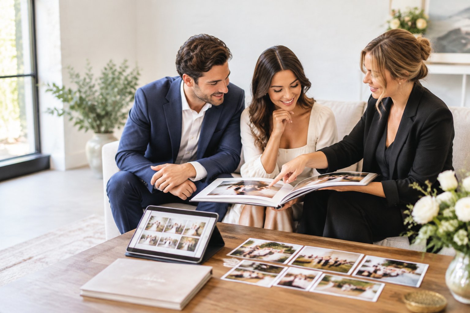 An engaged couple reviews wedding photography options with a photographer at a planning table.