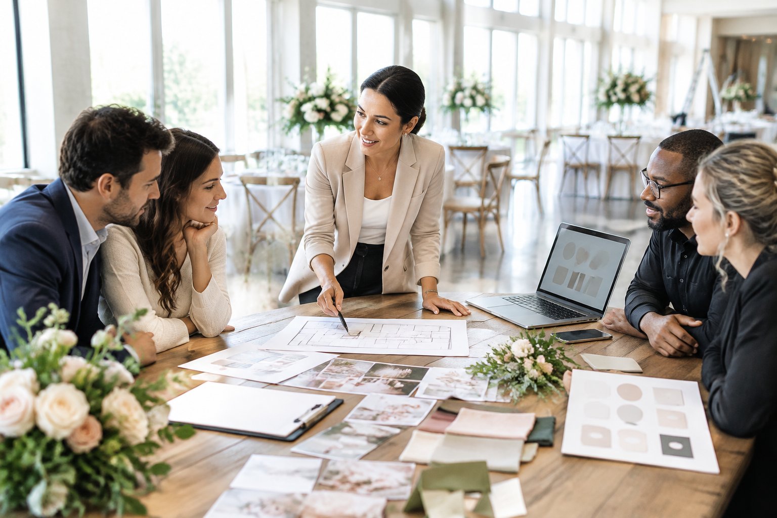 A wedding planner reviews plans with a couple and vendors at a table in an elegant reception venue.