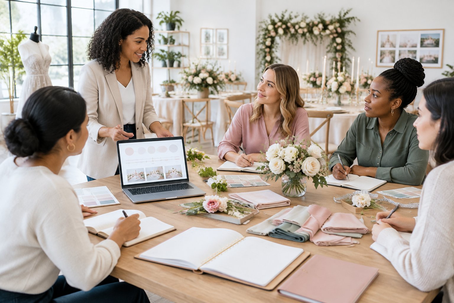 Adult learners attend a wedding-planning workshop with an instructor in a modern studio.