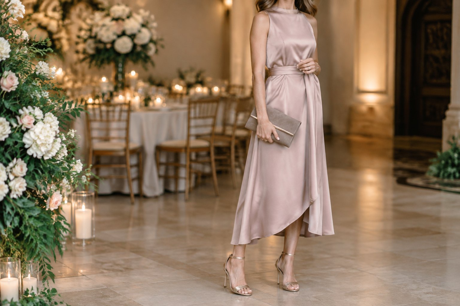 Wedding guest wearing coordinated but nonmatching shoes and carrying an elegant handbag at a reception.