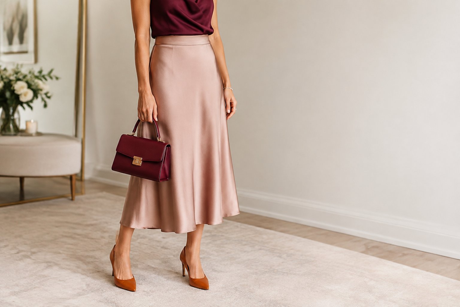 A wedding guest wears a coordinated outfit with complementary, non-matching shoes and handbag.