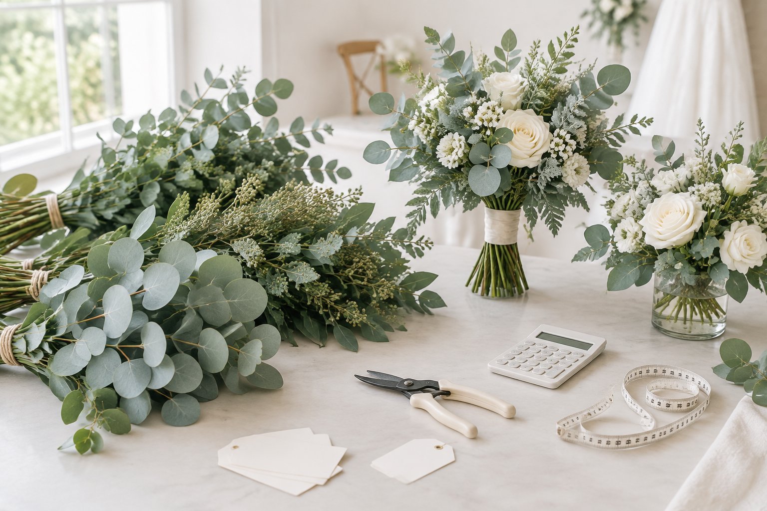 Eucalyptus stems, a wedding bouquet, and floral planning tools arranged on a bright studio table.