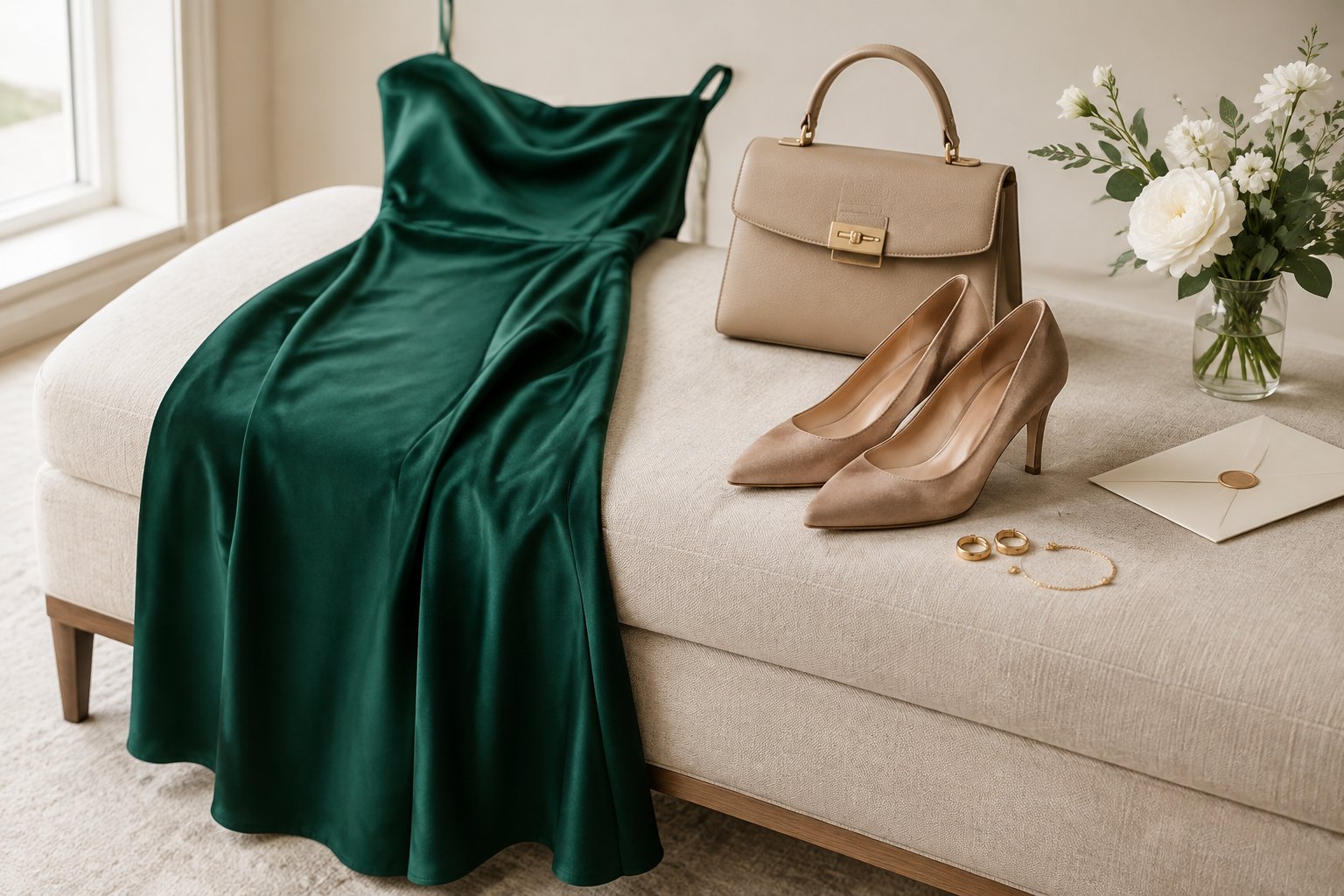 An elegant wedding guest outfit with complementary shoes and handbag in different colors and coordinating textures.