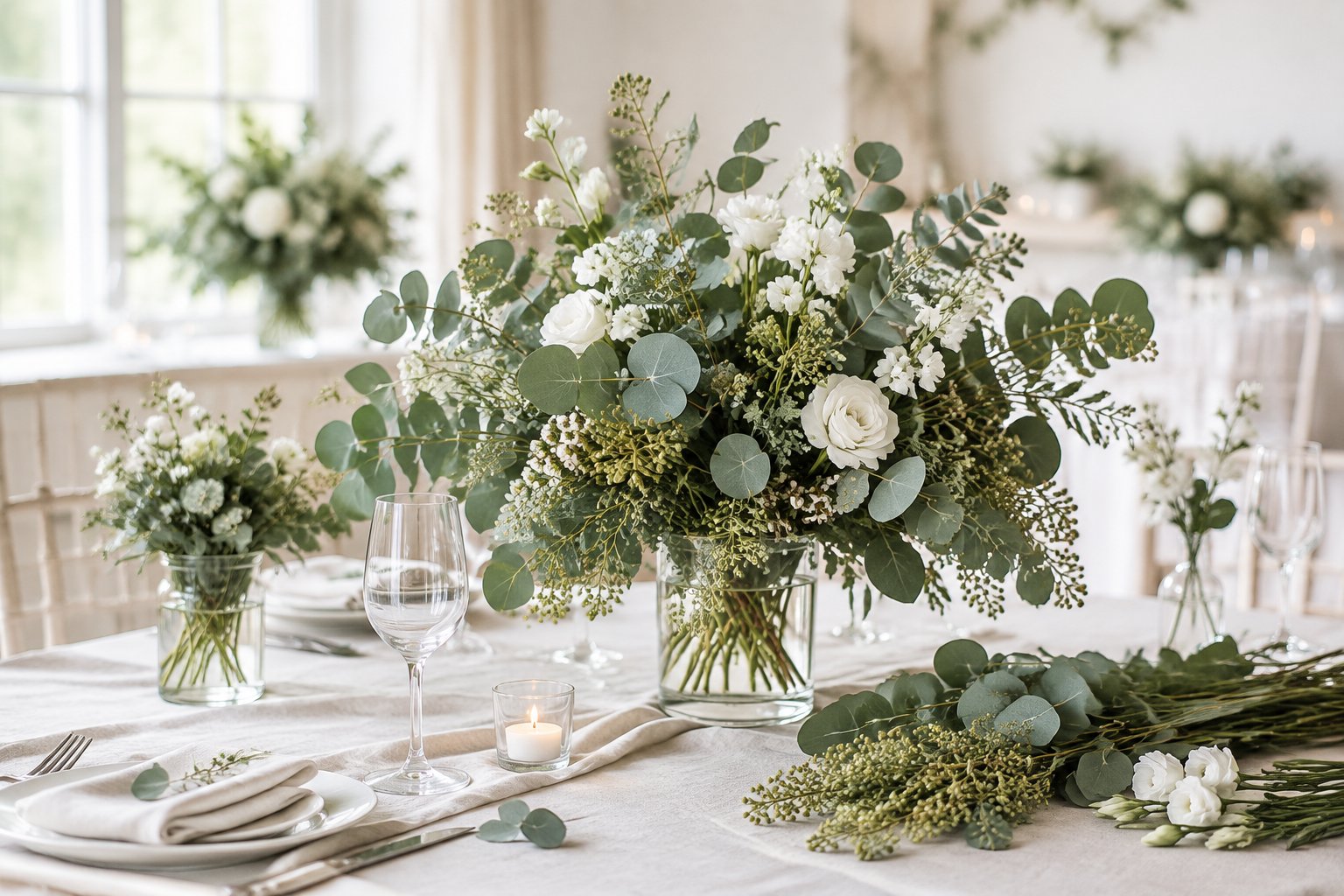 A eucalyptus and white flower arrangement in a glass vase on an elegant wedding reception table.