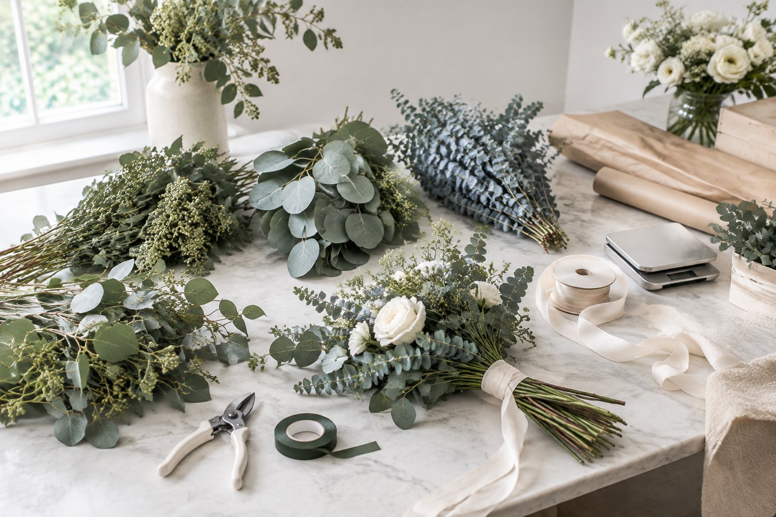 Eucalyptus stems and wedding bouquet supplies arranged on a florist’s worktable.