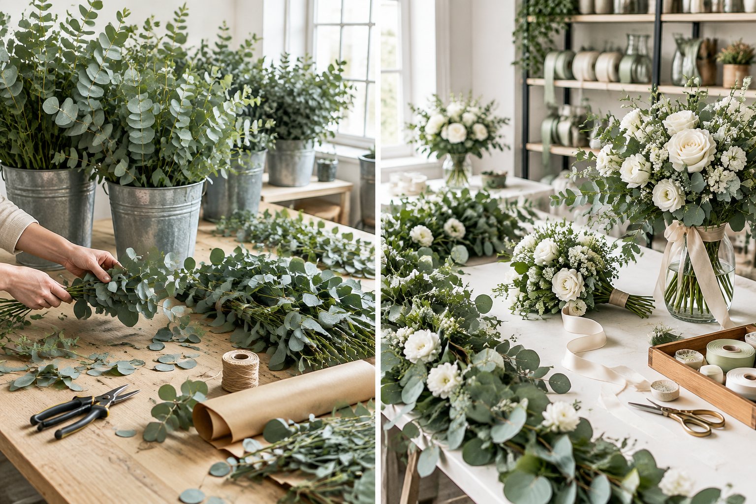 Bulk eucalyptus stems are prepared beside professionally arranged wedding greenery and bouquets.