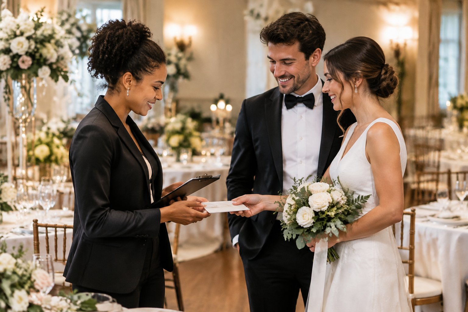 A couple thanks their wedding day-of coordinator at a decorated reception venue.
